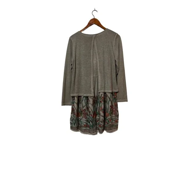 Womens Beige Tunic Top With Sheer Embroidered Floral Hem Size M Cottage Artwear - Picture 2 of 6